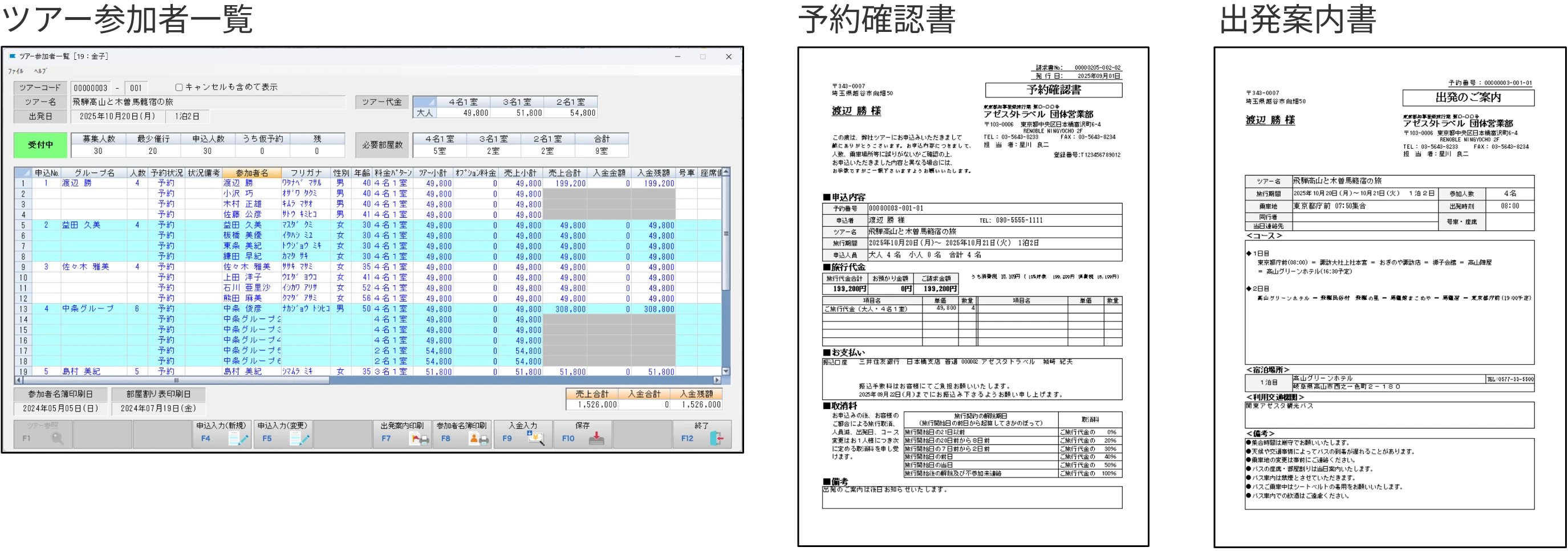 ツアー参加者一覧・予約確認書・出発案内書